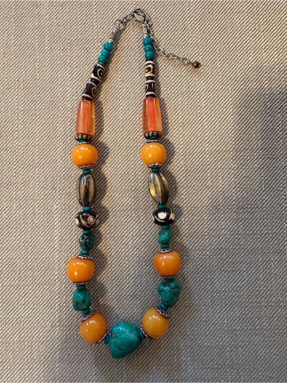 vintage BOHO statement necklace turquoise amber silver & patterned beads